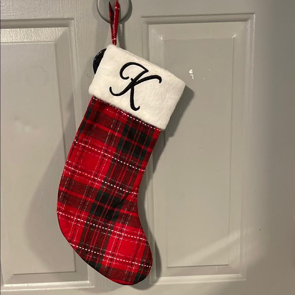 Red and green embroidered Christmas stocking.